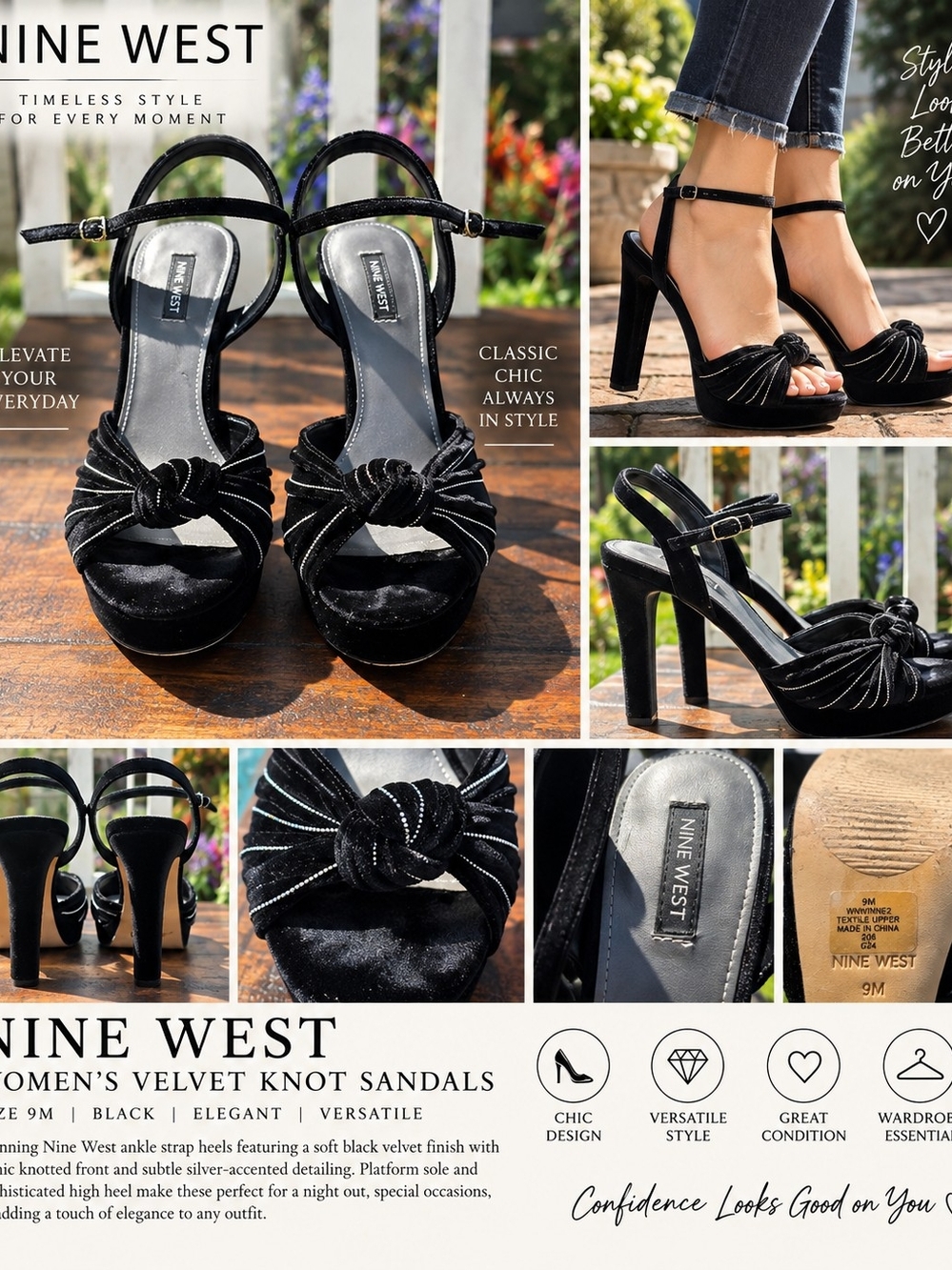 🖤 NINE WEST BLACK VELVET KNOT PLATFORM HEELS | SIZE 9M